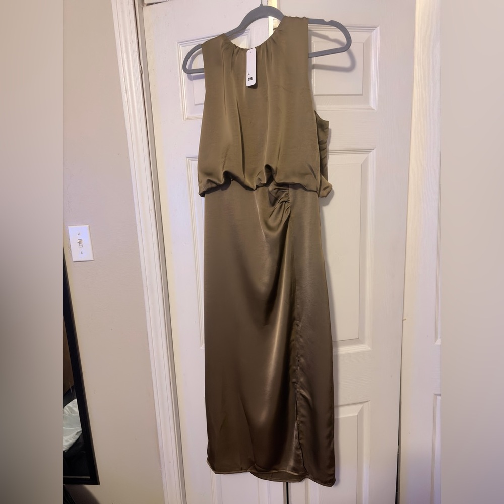Olive Satin Slip Dress with Side Twist